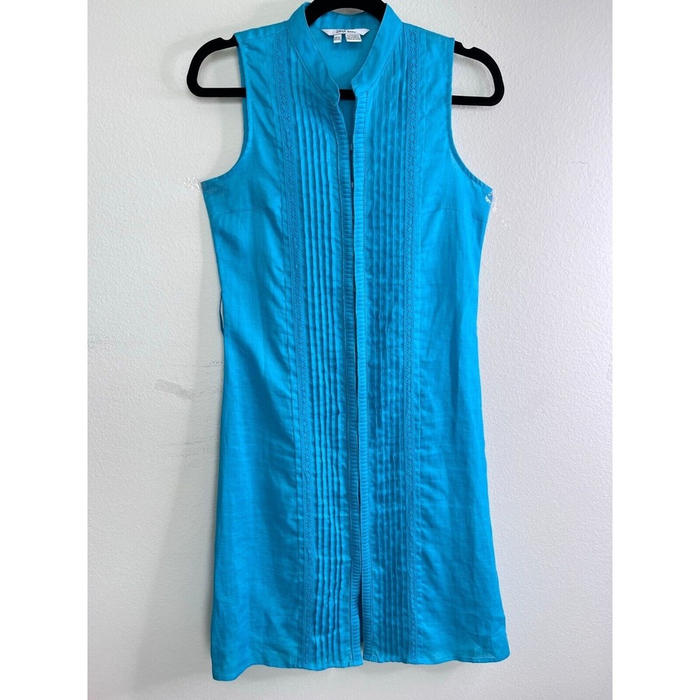 Zara Basic 100% Ramie Dress Sleeveless Teal Slim Fit Button Up Pleated Sz S Flaw